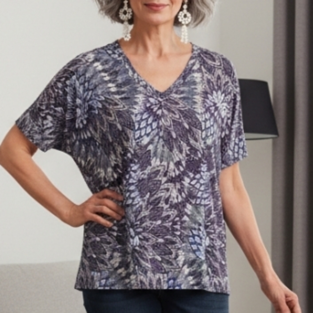 Croft & Barrow Women's Feather Print V-Neck Short Sleeve Top Plus Size 1X